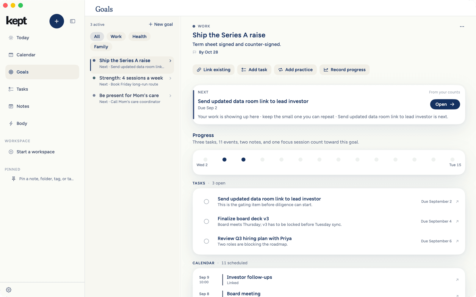 A goal in Kept for Mac, Ship the Series A raise, with its Next action, its progress, and the tasks and events linked to it.