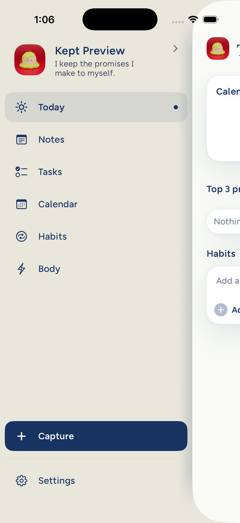 The navigation drawer on iPhone